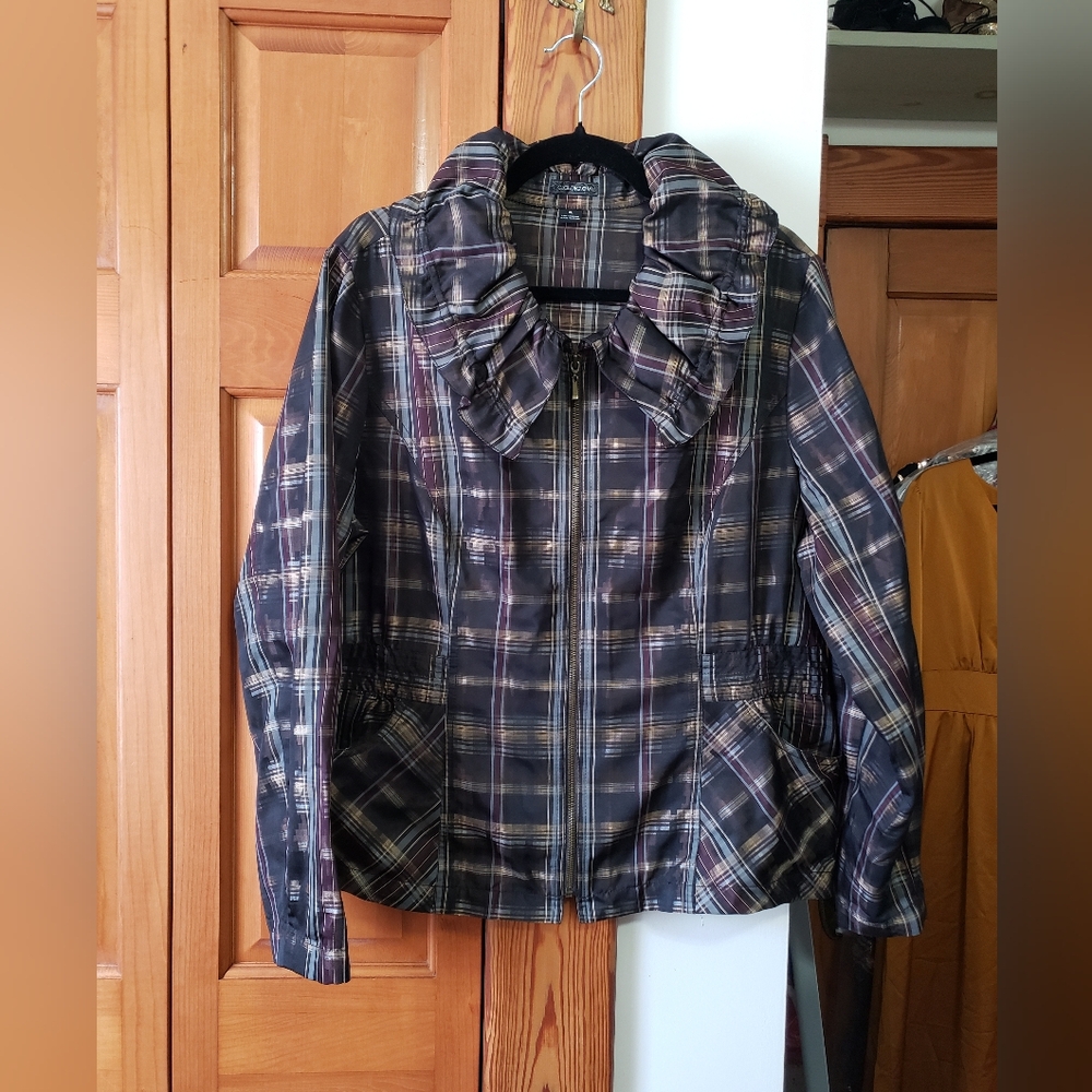 NWOT Claudia Ev Metallic Plaid Women's Ruffle Collar Zip Light Jacket XL